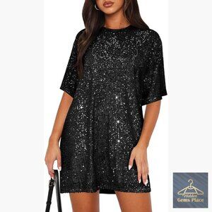 Sequin Shift Dress Mini Reversible V-Neck Club Cocktail Party Wear